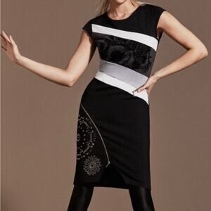 Desigual Candice Cap Sleeve Knit Sheath Dress Art To Wear Black Gray White Large